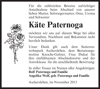 Traueranzeige von Käte Paternoga von WVG - Wochenspiegel Aschersleben