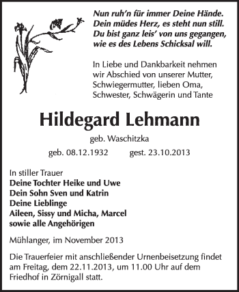 Traueranzeige von Hildegard Lehmann von WVG - Wochenspiegel Wittenberg