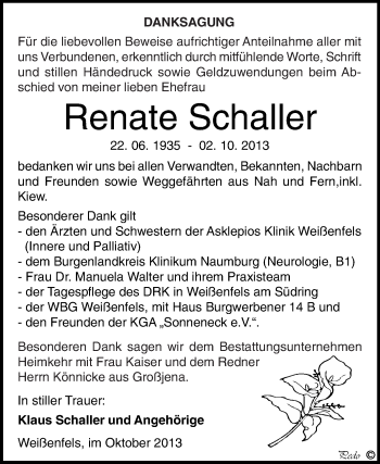 Traueranzeige von Renate Schaller von WVG - Wochenspiegel NMB / WSF / ZTZ