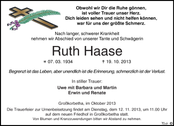 Traueranzeige von Ruth Haase von WVG - Wochenspiegel NMB / WSF / ZTZ