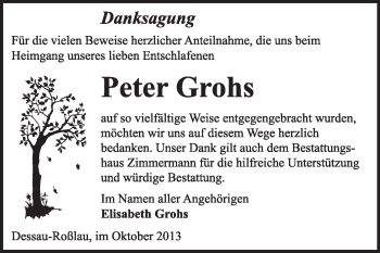 Traueranzeige von Peter Grohs von Super Sonntag Dessau / Köthen