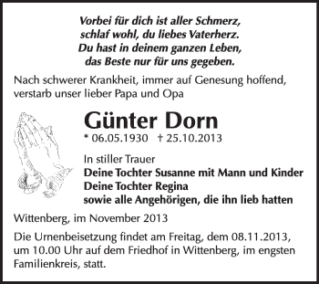 Traueranzeige von Günter Dorn von WVG - Wochenspiegel Wittenberg