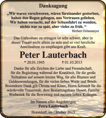 Traueranzeige von Peter Lauterbach von Super Sonntag Wittenberg