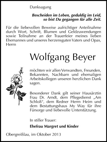 Traueranzeige von Wolfgang Beyer von Super Sonntag Merseburg