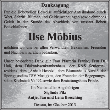 Traueranzeige von Ilse Möbius von Super Sonntag Dessau / Köthen