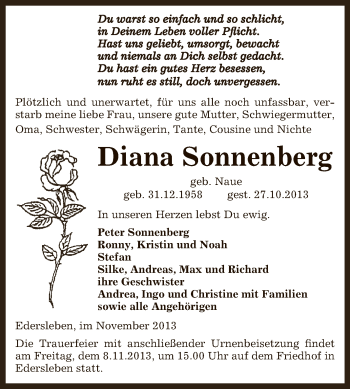 Traueranzeige von Diana Sonnenberg von Super Sonntag SGH Mansf. Land