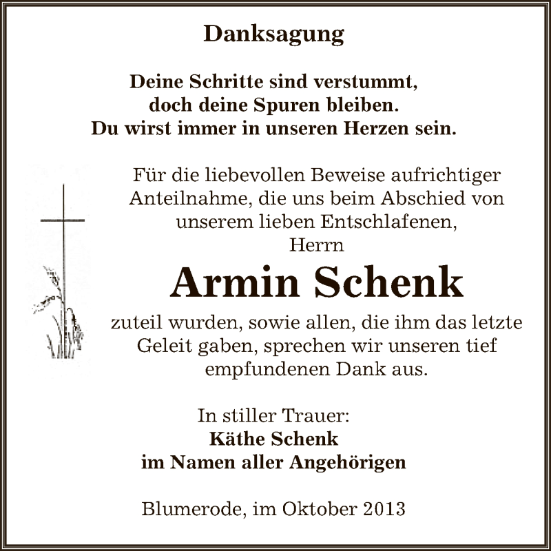  Traueranzeige für Armin Schenk vom 03.11.2013 aus Super Sonntag SGH Mansf. Land