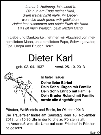 Traueranzeige von Dieter Karl von WVG - Wochenspiegel NMB / WSF / ZTZ