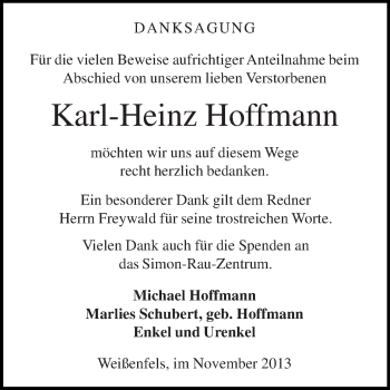 Traueranzeige von Karl-Heinz Hoffmann von WVG - Wochenspiegel NMB / WSF / ZTZ