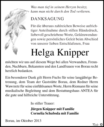 Traueranzeige von Helga Knipper von WVG - Wochenspiegel NMB / WSF / ZTZ