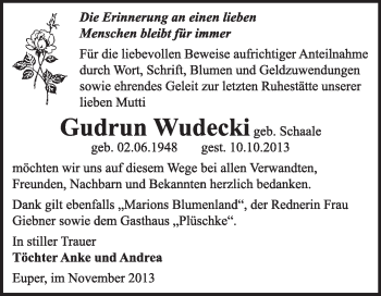 Traueranzeige von Gudrun Wudecki von Super Sonntag Wittenberg