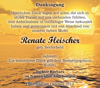 Traueranzeige von Renate Fleischer von Super Sonntag Zeitz