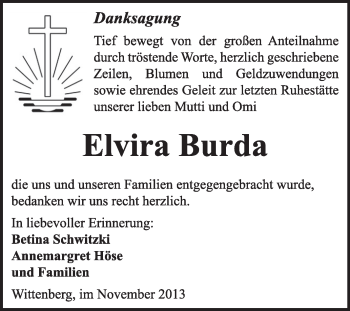 Traueranzeige von Elvira Burda von WVG - Wochenspiegel Wittenberg