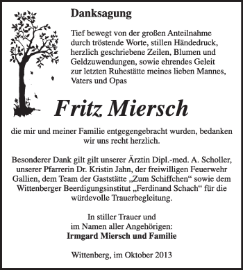 Traueranzeige von Fritz Miersch von WVG - Wochenspiegel Wittenberg