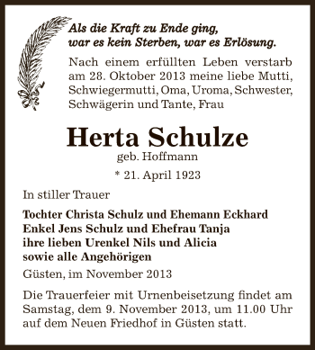 Traueranzeige von Herta Schulze von Super Sonntag Bernburg