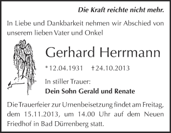 Traueranzeige von Gerhard Herrmann von Super Sonntag Merseburg