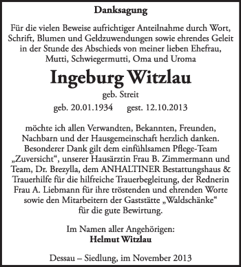 Traueranzeige von Ingeburg Witzlau von Super Sonntag Dessau / Köthen