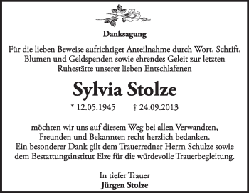 Traueranzeige von Sylvia Stolze von Super Sonntag Dessau / Köthen