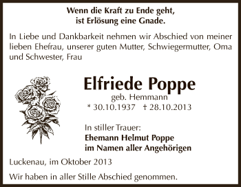 Traueranzeige von Elfriede Poppe von Super Sonntag Zeitz