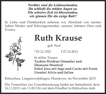 Traueranzeige von Ruth Krause von Super Sonntag Merseburg