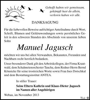 Traueranzeige von Manuel Jagusch von WVG - Wochenspiegel NMB / WSF / ZTZ