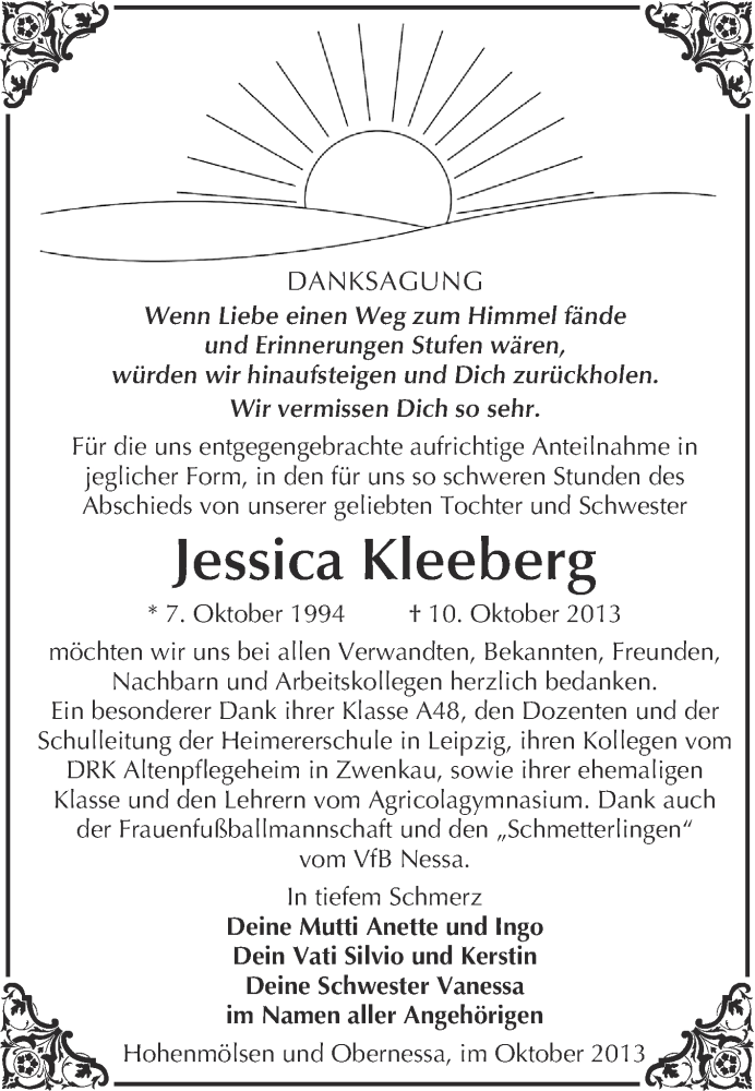  Traueranzeige für Jessica Kleeberg vom 06.11.2013 aus WVG - Wochenspiegel NMB / WSF / ZTZ