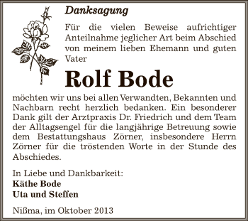 Traueranzeige von Rolf Bode von Super Sonntag Zeitz