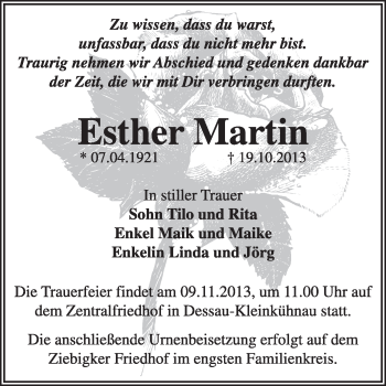 Traueranzeige von Esther Martin von Super Sonntag Dessau / Köthen