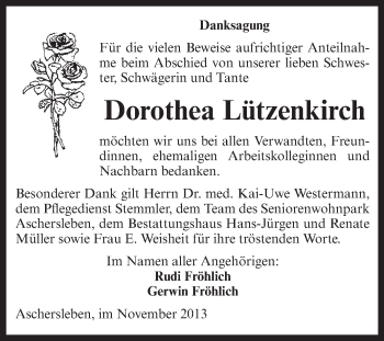 Traueranzeige von Dorothea Lützenkirch von WVG - Wochenspiegel Aschersleben