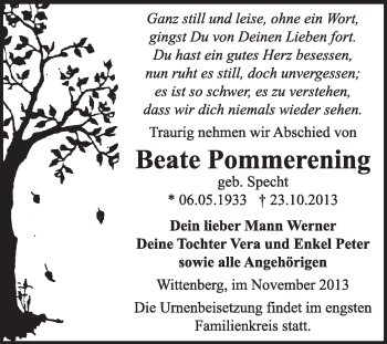 Traueranzeige von Beate Pommerening von WVG - Wochenspiegel Wittenberg