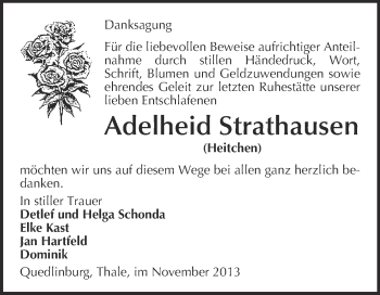 Traueranzeige von Adelheid Strathausen von WVG - Wochenspiegel Quedlinburg