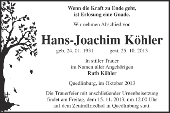 Traueranzeige von Hans-Joachim Köhler von WVG - Wochenspiegel Quedlinburg