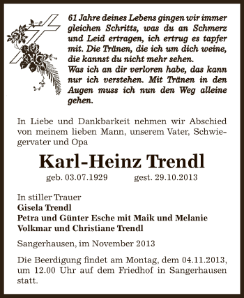 Traueranzeige von Karl-Heinz Trendl von Super Sonntag SGH Mansf. Land