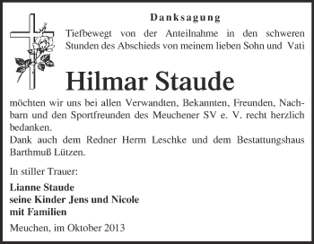Traueranzeige von Hilmar Staude von WVG - Wochenspiegel Merseburg