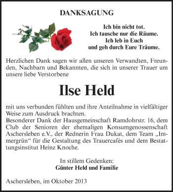 Traueranzeige von Ilse Held von Super Sonntag Aschersleben