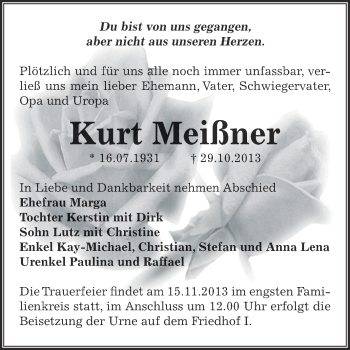 Traueranzeige von Kurt Meißner von WVG - Wochenspiegel Dessau / Köthen