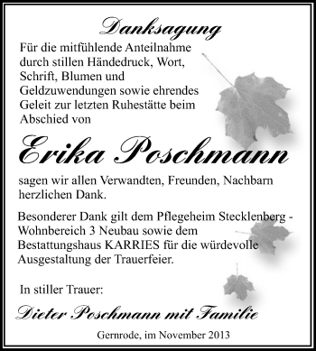 Traueranzeige von Erika Poschmann von WVG - Wochenspiegel Quedlinburg