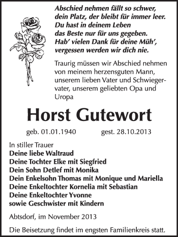 Traueranzeige von Horst Gutewort von WVG - Wochenspiegel Wittenberg