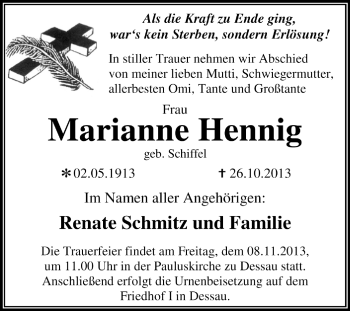 Traueranzeige von Marianne Hennig von Super Sonntag Dessau / Köthen