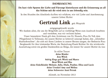 Traueranzeige von Gertrud Link von Super Sonntag SGH Mansf. Land