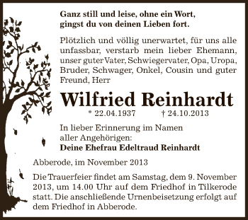 Traueranzeige von Wilfried Reinhardt von Super Sonntag SGH Mansf. Land