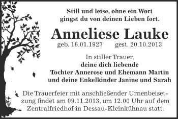 Traueranzeige von Anneliese Lauke von WVG - Wochenspiegel Dessau / Köthen