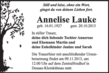 Traueranzeige von Annelise Lauke von Super Sonntag Dessau / Köthen