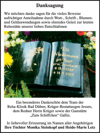 Traueranzeige von Elli Wiedemann von Super Sonntag Wittenberg