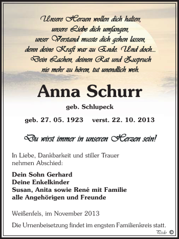 Traueranzeige von Anna Schurr von WVG - Wochenspiegel NMB / WSF / ZTZ