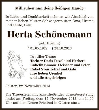 Traueranzeige von Herta Schönemann von Super Sonntag Bernburg