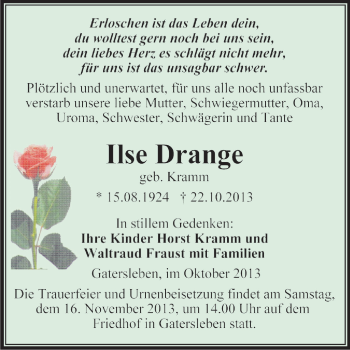 Traueranzeige von Ilse Drange von Super Sonntag Aschersleben