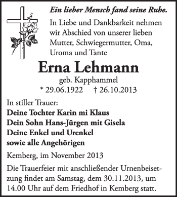 Traueranzeige von Erna Lehmann von WVG - Wochenspiegel Wittenberg