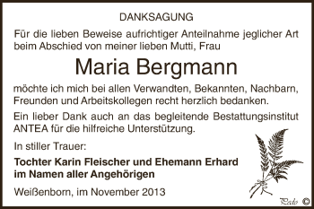 Traueranzeige von Maria Bergmann von Super Sonntag Zeitz