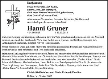 Traueranzeige von Hanni Gruner von Super Sonntag Wittenberg